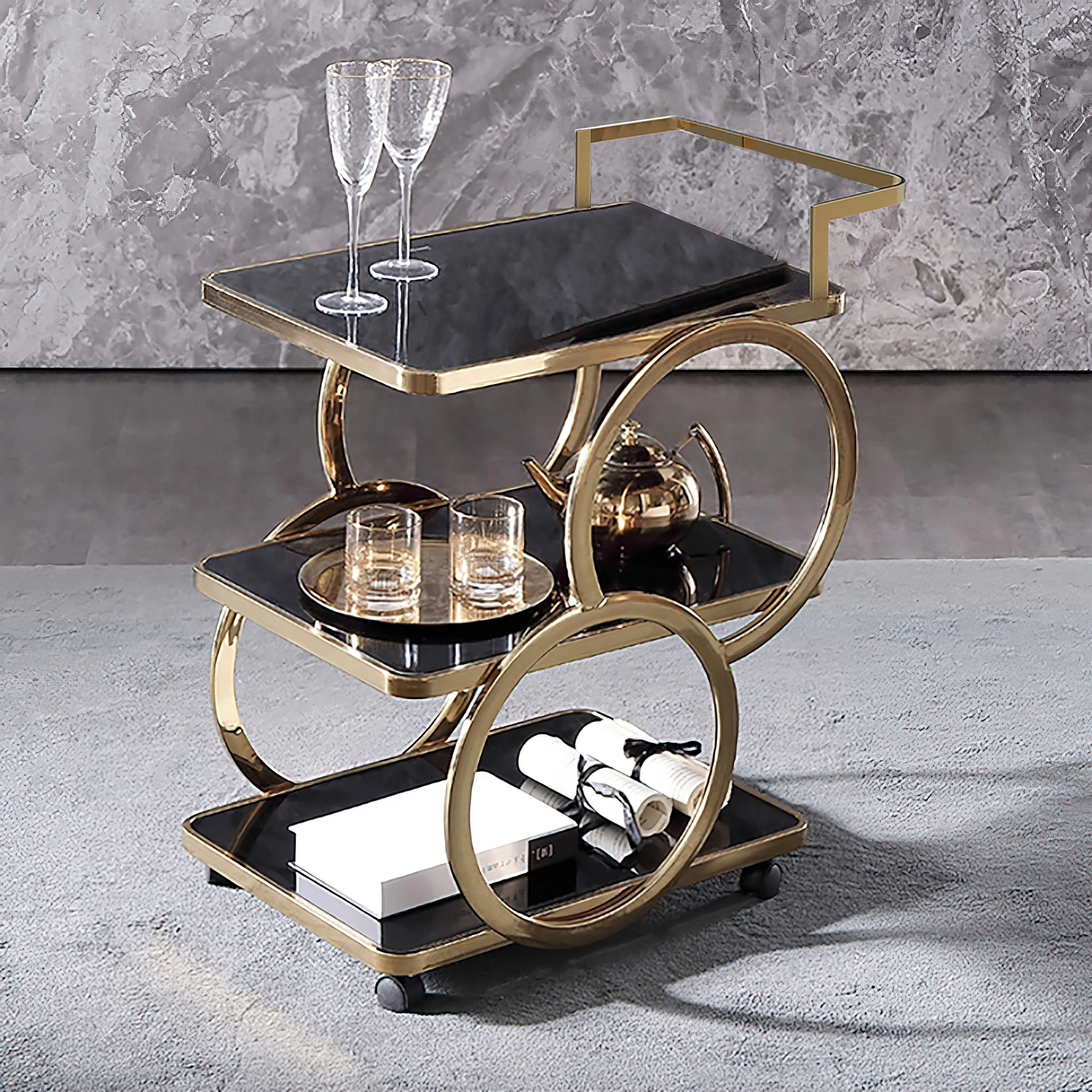 Modern black and gold three-tier bar trolley with wheels
