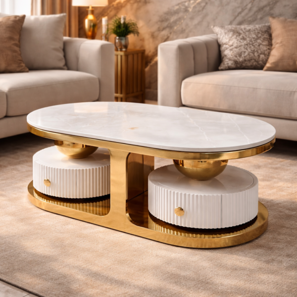Luxury Italian Composite Marble Top Coffee Table with CNC Drawer & PU Coated Finish – Gold Stainless Steel Frame